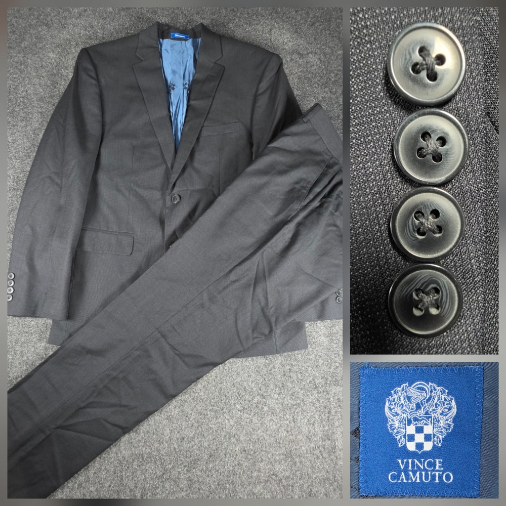 Vince Camuto Suit Men 40R (34x30.5) Charcoal Gray 100% Wool 2-Piece Textured Set